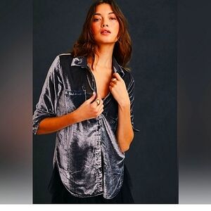 Anthropologie Silvery Blue Velvet Button-Up Shirt